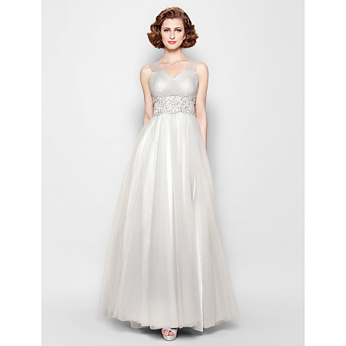 

A-Line Mother of the Bride Dress Open Back V Neck Floor Length Tulle Sleeveless with Criss Cross Beading Appliques 2021