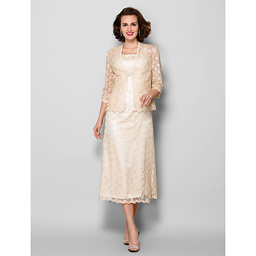 

Sheath / Column Mother of the Bride Dress Wrap Included Square Neck Tea Length Lace 3/4 Length Sleeve with Crystal Brooch 2021
