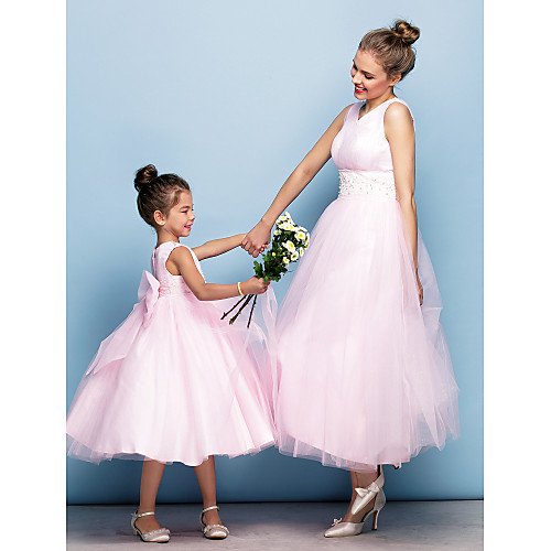 

Ball Gown Tea Length Party / Holiday / Cocktail Party Flower Girl Dresses - Tulle Sleeveless V Neck with Criss Cross / Pearls / Beading / Formal Evening / Mini Me