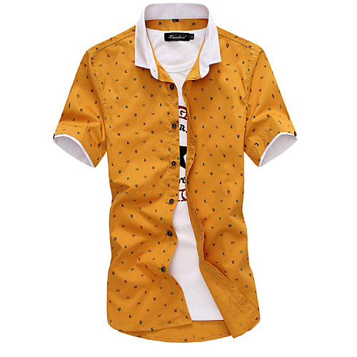 

Men's Shirt Plus Size Print Short Sleeve Daily Tops Cotton Business Wine White Yellow