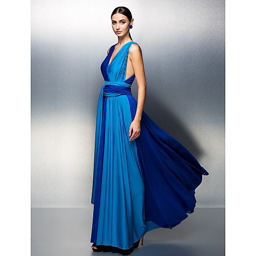 

A-Line Color Block Holiday Cocktail Party Prom Dress V Neck Sleeveless Floor Length Jersey with Sash / Ribbon Pleats 2021