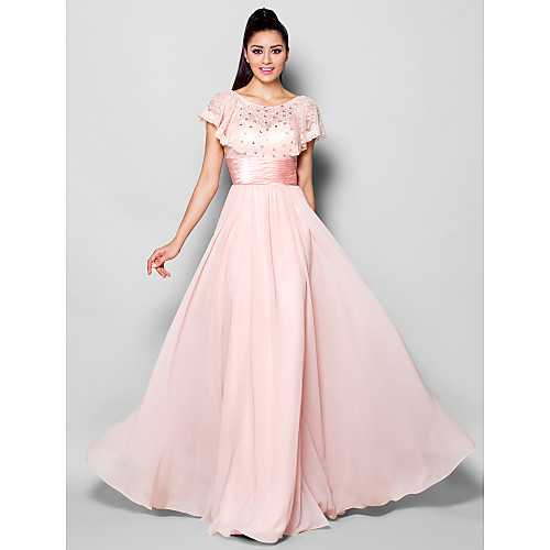 

A-Line Open Back Formal Evening Dress Illusion Neck Short Sleeve Floor Length Chiffon with Ruched Crystals 2021