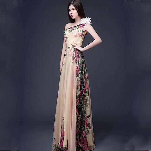 

A-Line Formal Evening Dress One Shoulder Floor Length Chiffon with Draping 2021