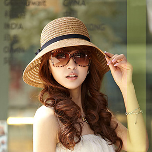 

Women's Straw Hat Sun Hat Cotton Blend Straw Holiday - Solid Colored Summer Khaki Beige / Brown / Hat & Cap
