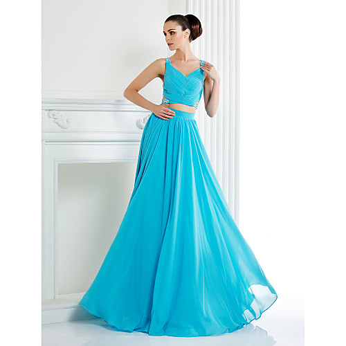 

A-Line Beautiful Back Two Piece Formal Evening Dress Straps Sleeveless Floor Length Chiffon with Criss Cross Crystals Beading 2021