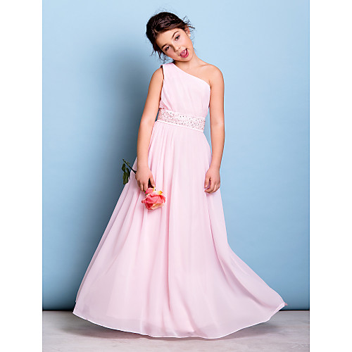 

A-Line One Shoulder Floor Length Chiffon Junior Bridesmaid Dress with Sash / Ribbon / Beading / Side Draping / Natural