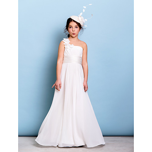 

A-Line One Shoulder Floor Length Chiffon Junior Bridesmaid Dress with Sash / Ribbon / Criss Cross / Ruched / Natural