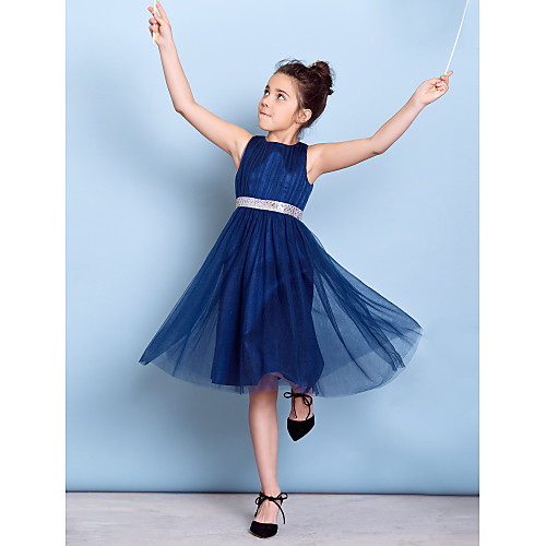 

A-Line Jewel Neck Knee Length Tulle Junior Bridesmaid Dress with Sash / Ribbon / Sequin / Draping / Natural