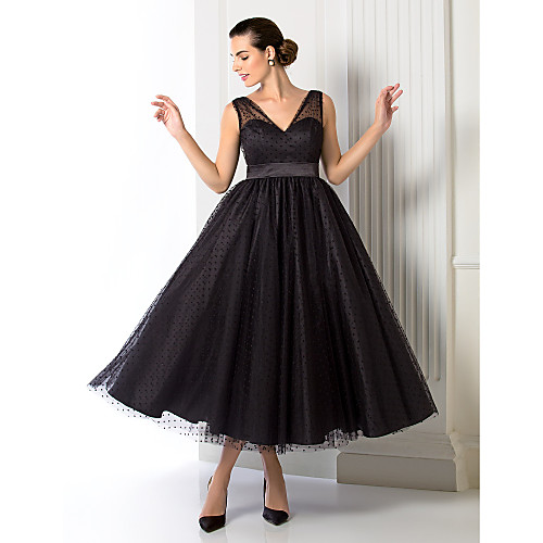 

A-Line 1950s Minimalist Holiday Homecoming Cocktail Party Dress V Neck Sleeveless Tea Length Tulle with Sash / Ribbon 2021