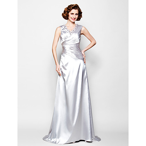 

A-Line Mother of the Bride Dress V Neck Sweep / Brush Train Stretch Satin Sleeveless with Criss Cross Beading Side Draping 2021