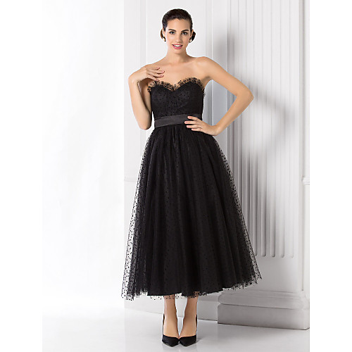 

Ball Gown Little Black Dress Holiday Homecoming Cocktail Party Dress Sweetheart Neckline Sleeveless Tea Length Tulle with Sash / Ribbon 2021