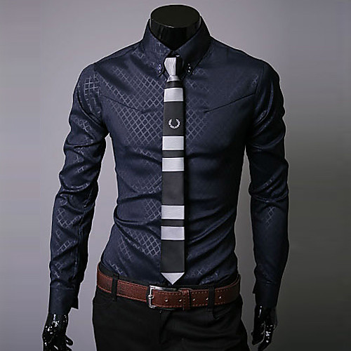 

Men's Plus Size Plaid Solid Colored Print Slim Shirt Business Street chic Daily Work Button Down Collar White / Black / Navy Blue / Spring / Fall / Long Sleeve