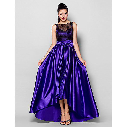 

A-Line Open Back See Through Formal Evening Dress Illusion Neck Sleeveless Asymmetrical Stretch Satin with Lace Sash / Ribbon Bow(s) 2021