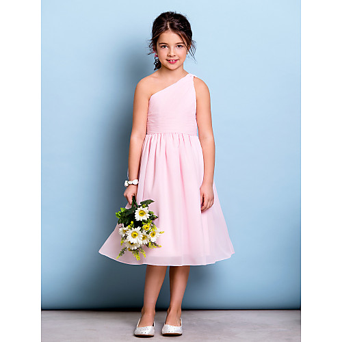 

A-Line One Shoulder Knee Length Chiffon Junior Bridesmaid Dress with Ruched / Draping / Side Draping / Natural