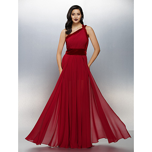

A-Line Furcal Formal Evening Dress One Shoulder Sleeveless Floor Length Chiffon Velvet with Side Draping 2021