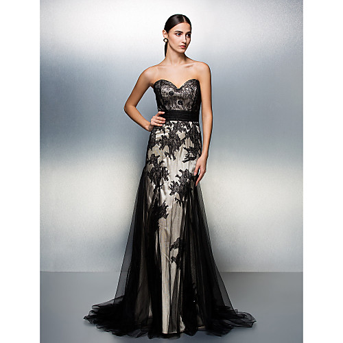 

A-Line Color Block Prom Formal Evening Dress Sweetheart Neckline Sleeveless Sweep / Brush Train Lace Over Tulle with Ruched 2021