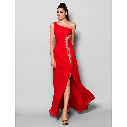 

Sheath / Column Furcal Formal Evening Dress One Shoulder Sleeveless Floor Length Chiffon with Crystals Beading Split Front 2021