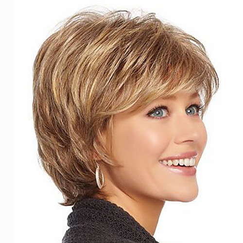 

Synthetic Wig Wavy Wavy With Bangs Wig Short Strawberry Blonde Synthetic Hair Women's Highlighted / Balayage Hair Brown with Golden Highlights