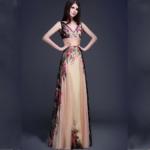 

A-Line Formal Evening Dress V Neck Floor Length Chiffon with Criss Cross 2021