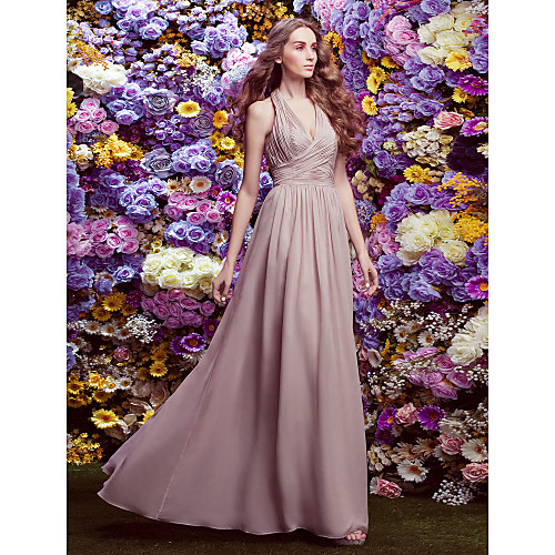 

Sheath / Column Halter Neck Floor Length Chiffon Bridesmaid Dress with Criss Cross