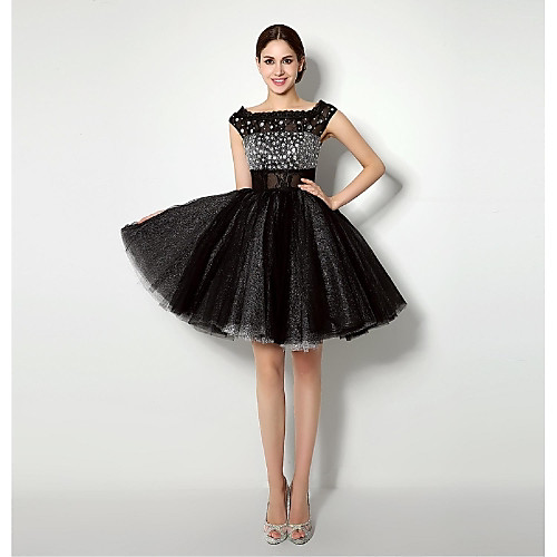 

Ball Gown Fit & Flare Little Black Dress Cocktail Party Dress Bateau Neck Sleeveless Short / Mini Tulle with Lace Sash / Ribbon Pleats 2021