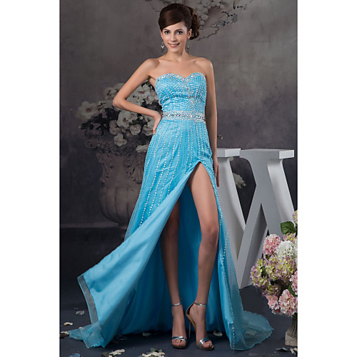 

A-Line Formal Evening Dress Sweetheart Neckline Floor Length Satin with Beading 2021