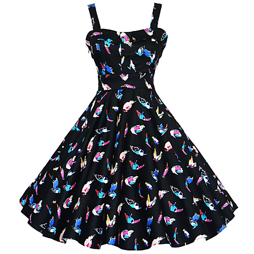 

Women's A Line Dress Knee Length Dress White Black Sleeveless Floral Geometric Flower Print Boat Neck Vintage Party Cotton S M L XL XXL 3XL / Plus Size / Plus Size
