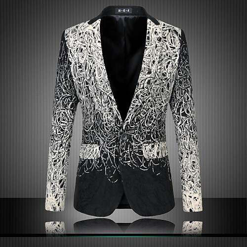 

Men's Party / Daily Street chic / Sophisticated Spring / Fall Plus Size Regular Blazer Long Sleeve Cotton Print Black / Slim