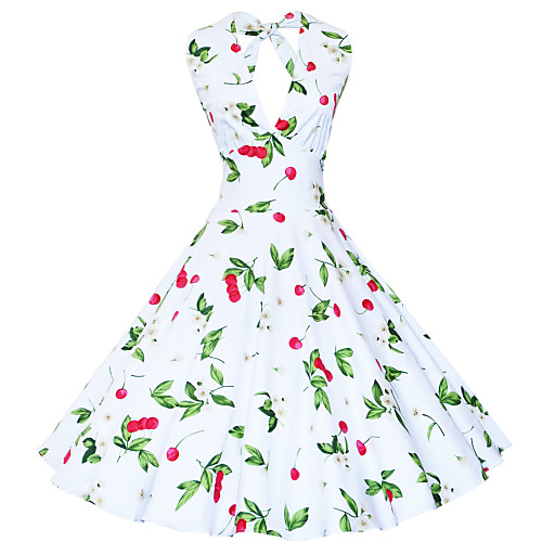 

Women's Loose Sleeveless Floral Flower Print Halter Neck Deep V Vintage Party Cotton Backless White Black S M L XL XXL