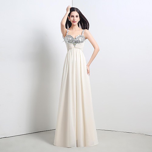 

A-Line Sparkle & Shine Formal Evening Dress Straps Sleeveless Floor Length Chiffon Sequined with Lace Pleats Beading 2021