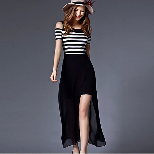 

Women's Loose Maxi long Dress Black Sleeveless Striped Split Summer Round Neck Fine Stripe S M L XL