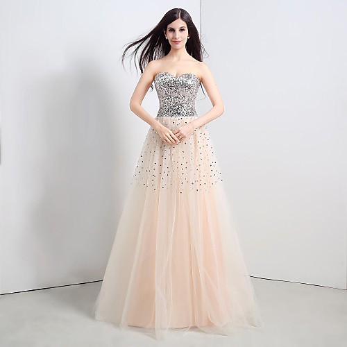 

A-Line Sparkle & Shine Formal Evening Dress Strapless Sleeveless Floor Length Tulle Sequined with Sash / Ribbon Bow(s) Pleats 2021