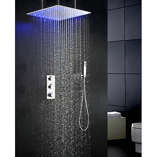 

Shower Faucet Set - Handshower Included Thermostatic LED Contemporary Chrome Brass Valve Bath Shower Mixer Taps / Three Handles Five Holes