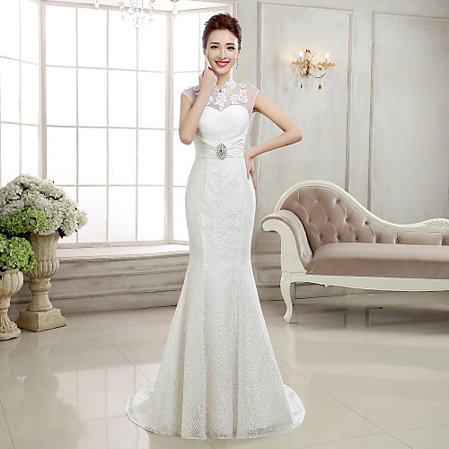

Mermaid / Trumpet Wedding Dresses High Neck Sweep / Brush Train Lace Cap Sleeve Sexy Illusion Detail Backless with Beading Appliques 2021