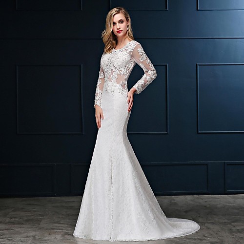 

Mermaid / Trumpet Wedding Dresses Scoop Neck Sweep / Brush Train Lace Over Satin Long Sleeve See-Through Illusion Sleeve with Crystals 2021