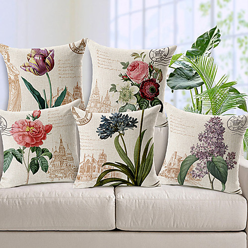 

Set of 5 Cotton / Faux Linen Decorative Pillow Covers for Couch, Sofa, or Bed Modern Quality Design Leaves Floral Country Throw Pillow Cover for Sofa Couch Bed Chair