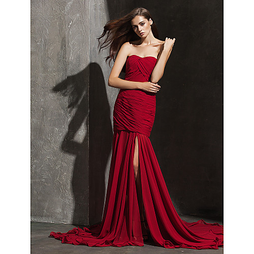 

Fit & Flare Formal Evening Dress Sweetheart Neckline Strapless Sleeveless Court Train Chiffon with Criss Cross 2021