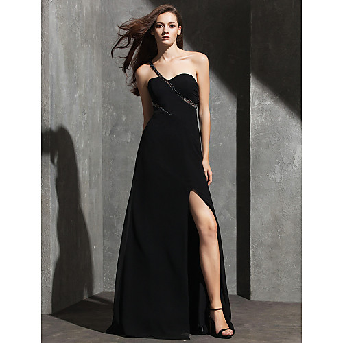 

Sheath / Column Minimalist See Through Holiday Cocktail Party Formal Evening Dress One Shoulder Sleeveless Floor Length Spandex with Beading 2021