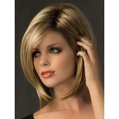 

Synthetic Wig Straight Straight With Bangs Wig Blonde Short Synthetic Hair Women's Dark Roots Side Part Blonde StrongBeauty