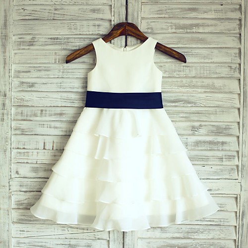 

A-Line Knee Length Wedding / First Communion Flower Girl Dresses - Chiffon / Satin Sleeveless Scoop Neck with Sash / Ribbon