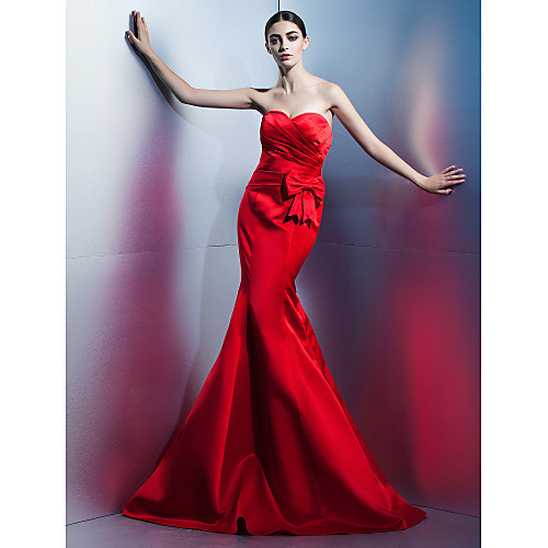 

Mermaid / Trumpet Formal Evening Dress Sweetheart Neckline Sleeveless Floor Length Satin with Bow(s) Side Draping 2021