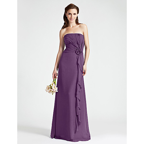 

Sheath / Column Strapless Floor Length Chiffon Bridesmaid Dress with Side Draping / Cascading Ruffles / Flower