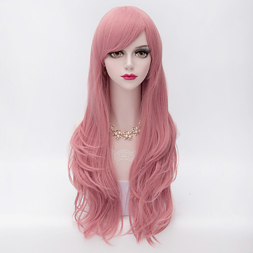 

Synthetic Wig Curly Kardashian Curly Layered Haircut With Bangs Wig Pink Very Long Pink Synthetic Hair Women's Side Part Pink