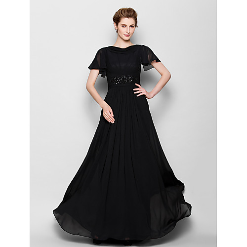 

A-Line Mother of the Bride Dress See Through Bateau Neck Floor Length Chiffon Short Sleeve with Beading 2021