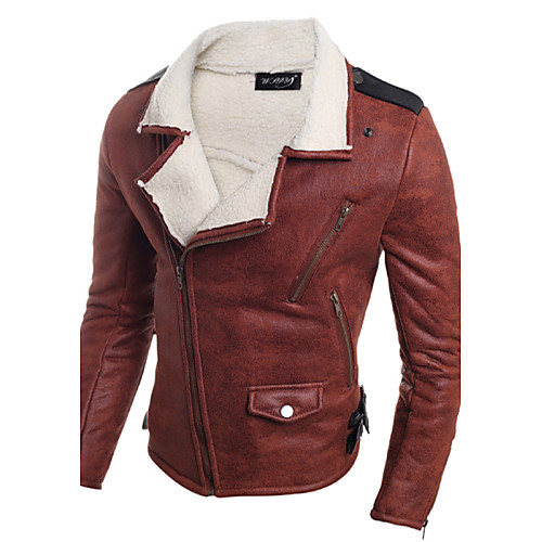 

Men's Leather Jackets Solid Colored Basic Fall Notch lapel collar Jacket Regular Daily Long Sleeve PU Coat Tops Light Brown