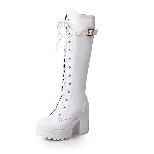 

Women's Knee High Boots Chunky Heel / Block Heel Lace-up Leatherette Knee High Boots Slouch Boots Fall / Winter Black / White / EU42