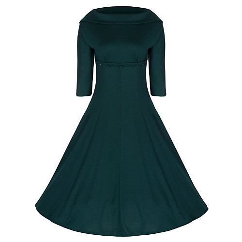 

Women's Skater Midi Dress Black Green Solid Colored Spring Boat Neck Vintage Cotton S M L XL XXL