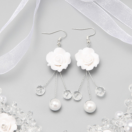 

White Crystal Flower Imitation Pearl Earrings Jewelry White For