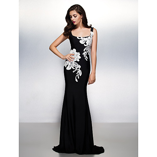 

Sheath / Column Beautiful Back Elegant Floral Formal Evening Black Tie Gala Dress Scoop Neck Sleeveless Sweep / Brush Train Jersey with Pattern / Print 2021