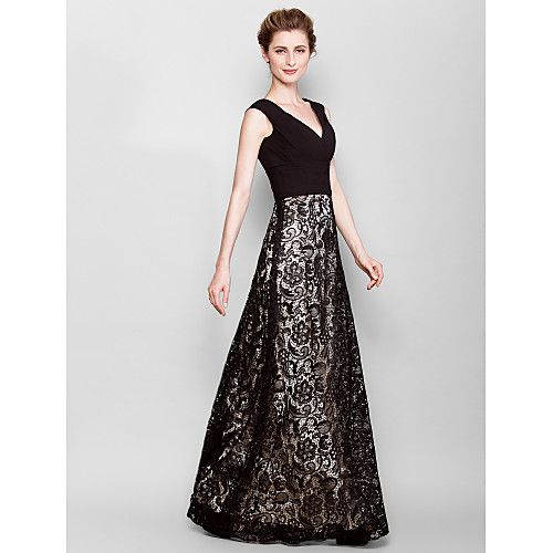 

Sheath / Column Mother of the Bride Dress Vintage Inspired V Neck Floor Length Lace Georgette Sleeveless with Criss Cross 2021
